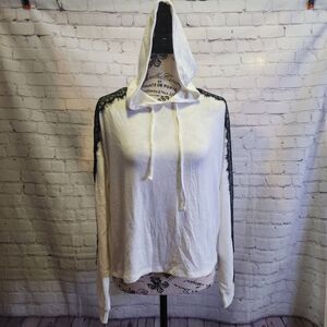 Ultra Flirt Sweater Womens Medium White Black Lace Trim Sleeves Drawstring Hood